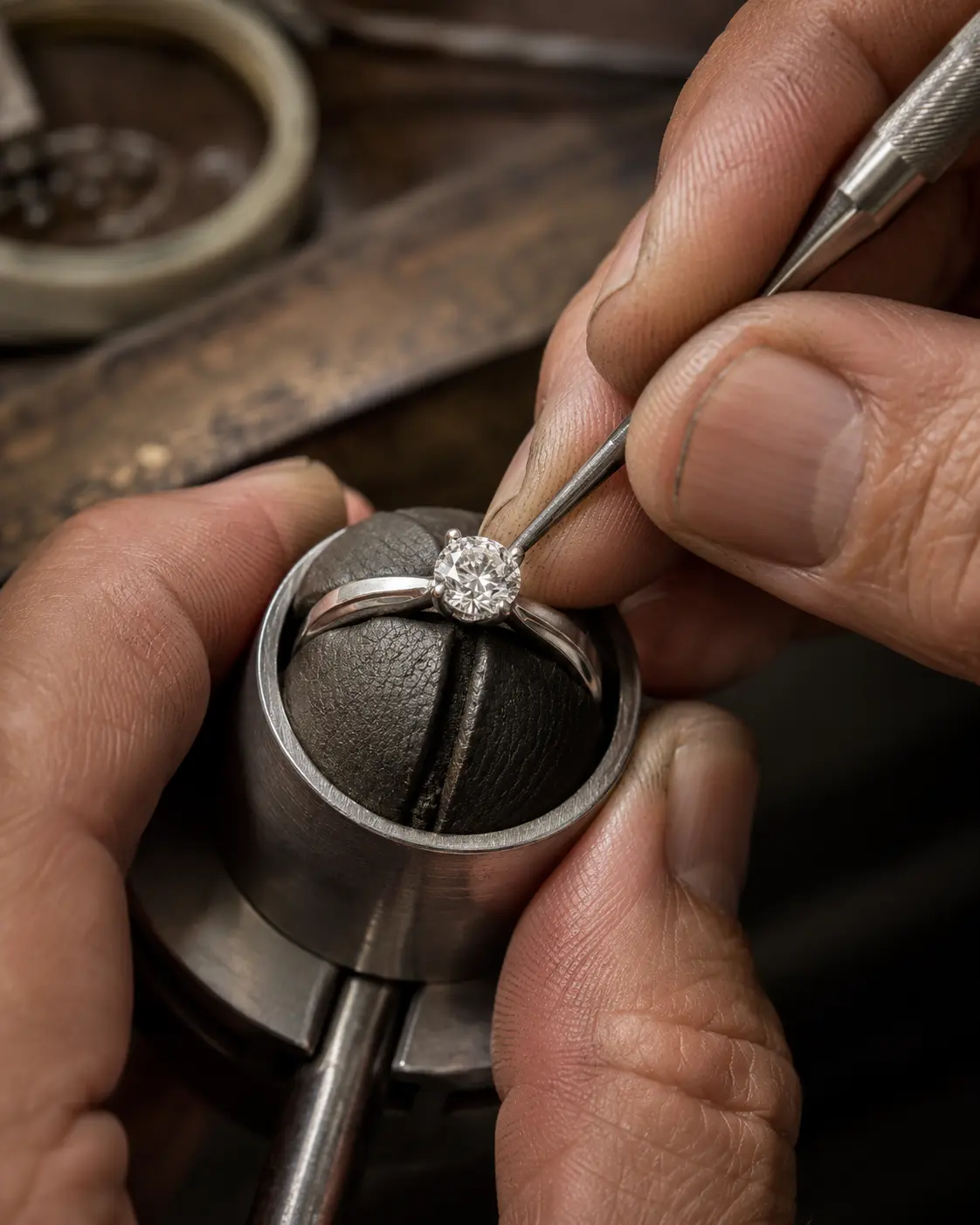 Round diamond ring being secured during setting