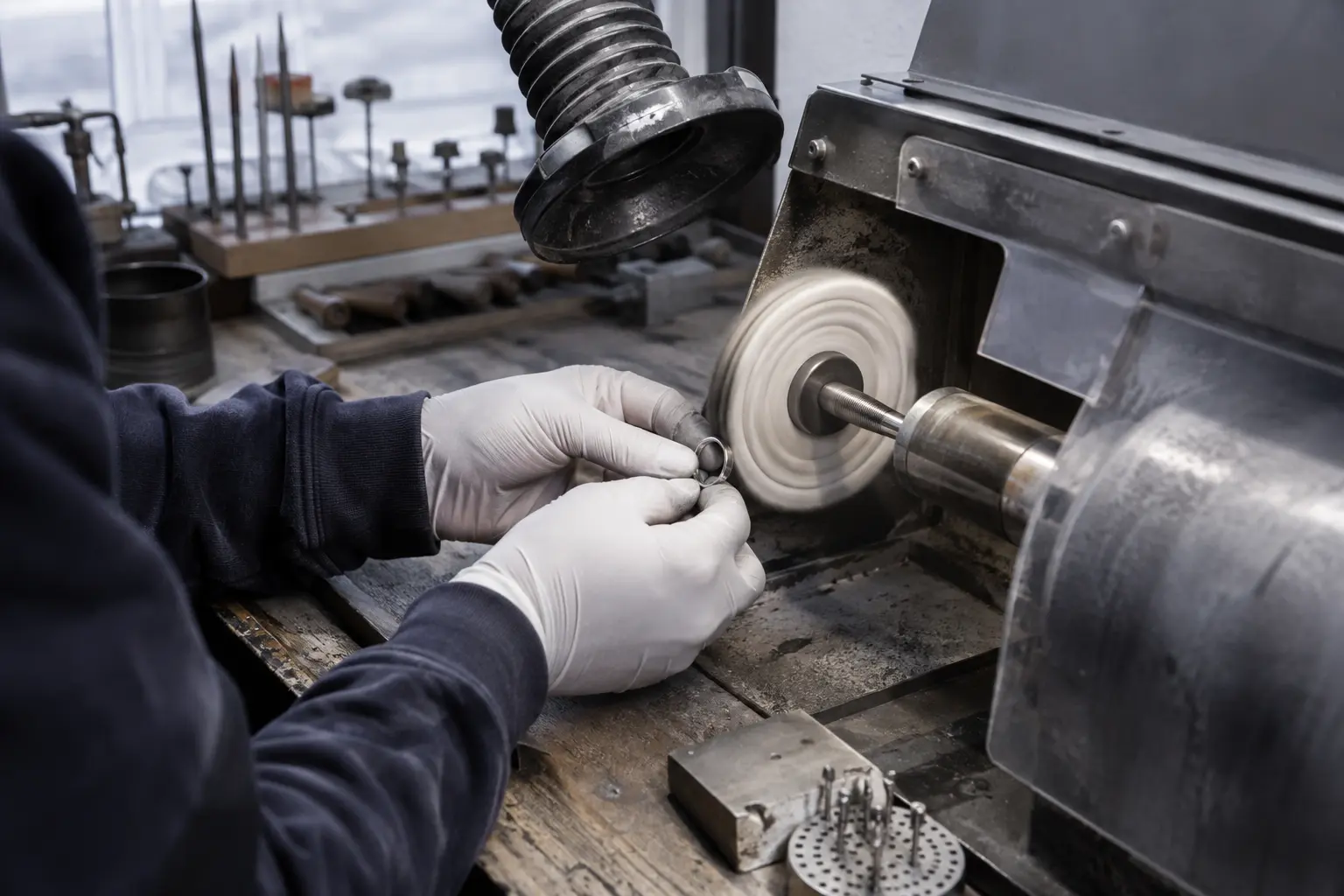 Jewellery craftsperson polishing a white-metal ring