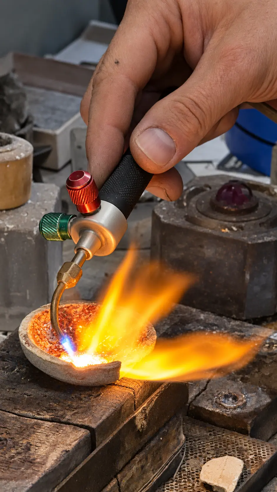 Close view of torch work at the A&M jewellery bench