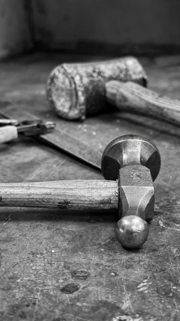 A metal hammer and wooden mallet on a jewellery bench, in black and white
