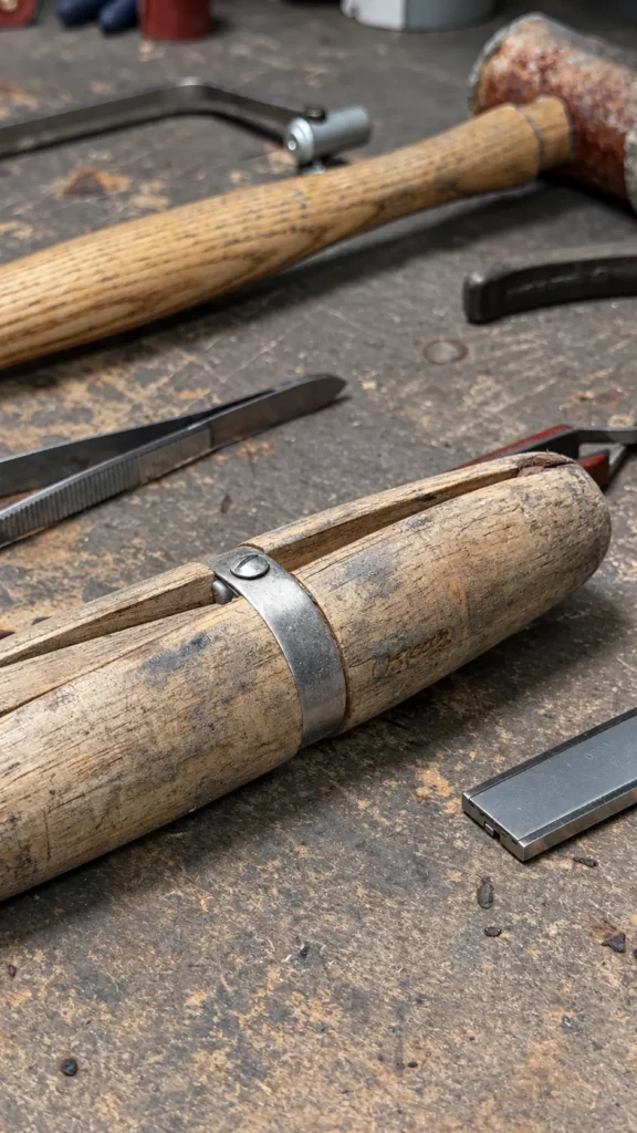 Wooden ring clamp, mallet and hand tools on a jewellery bench